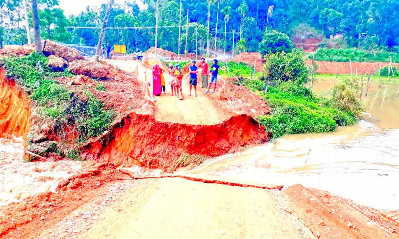 റോഡ് നിർമാണത്തിലെ അപാകത; മഴയിൽ രണ്ടു താൽക്കാലിക പാലങ്ങൾ തകർന്നു; ലക്ഷങ്ങളുടെ കൃഷിനാശം റോഡ് നിർമാണത്തിലെ അപാകത; മഴയിൽ രണ്ടു താൽക്കാലിക പാലങ്ങൾ തകർന്നു; ലക്ഷങ്ങളുടെ കൃഷിനാശം