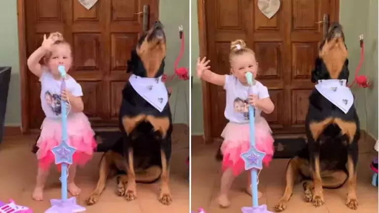 വളർത്തുനായുടെ കൂടെ പാട്ടുപാടുന്ന കൊച്ചുപെൺകുട്ടി; വൈറലായി വിഡിയോ