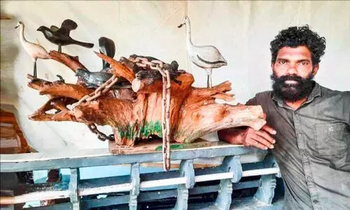 തടിയിൽ ജീവൻ തുടിക്കും ശിൽപങ്ങളൊരുക്കി ബിനു