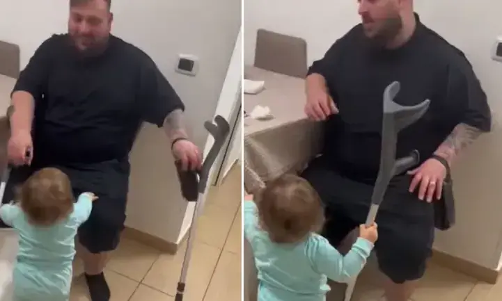 കാലൊടിഞ്ഞ അച്ഛനെ പരിചരിച്ച് രണ്ട് വയസുകാരി