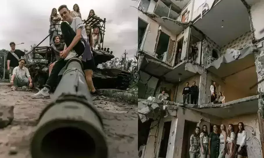 Ukraine students pose for graduation photoshoot at destroyed buildings