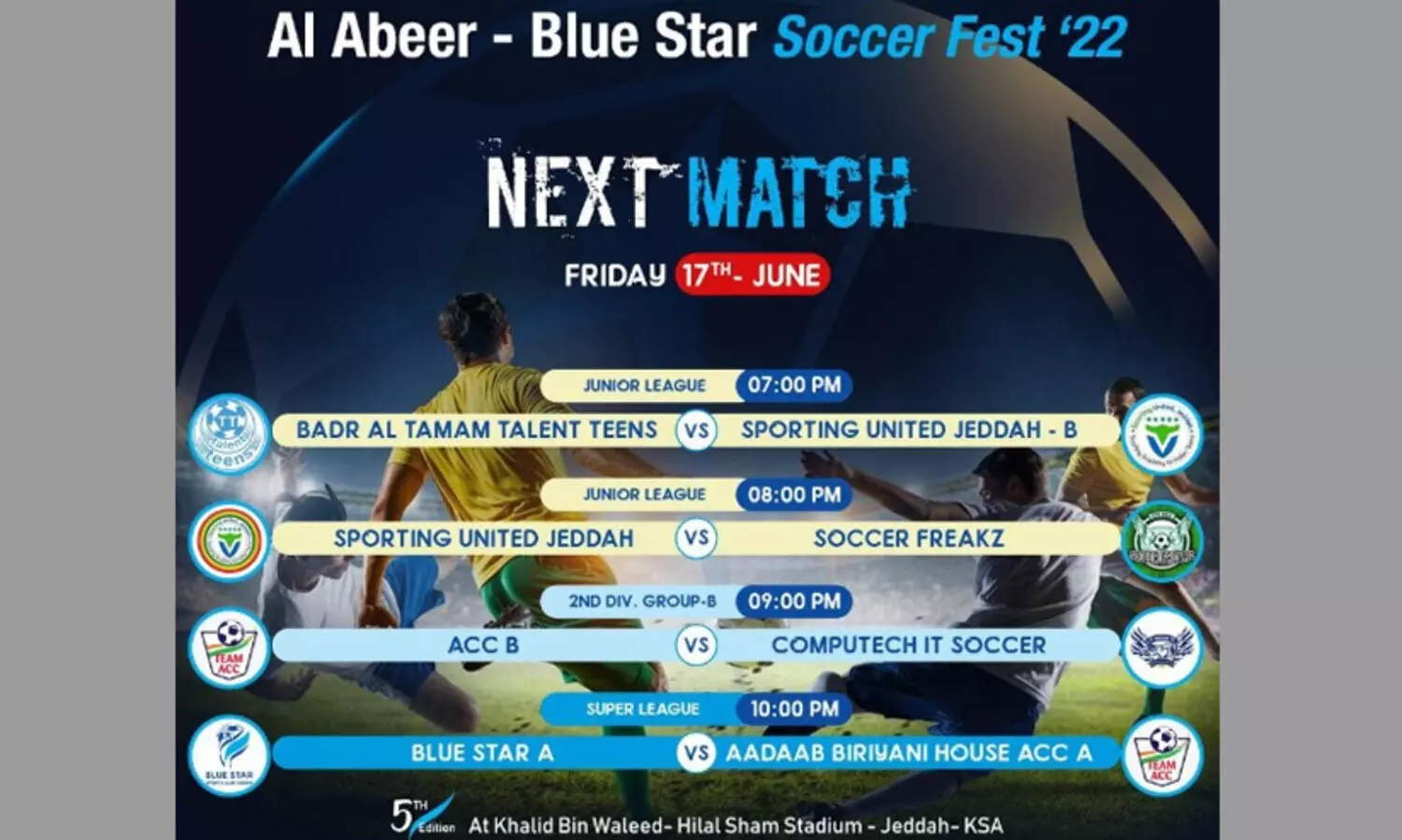 ജിദ്ദ ബ്ലൂസ്റ്റാർ സോക്കർ ഫെസ്റ്റിൽ ഇന്ന് നാല് മത്സരങ്ങൾ