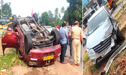 ദേശീയപാതയിൽ കാറുകൾ കൂട്ടിയിടിച്ച്​ മറിഞ്ഞു
