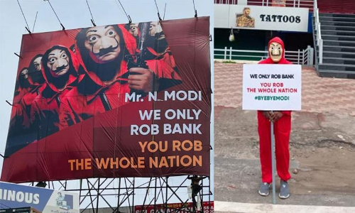 ഞങ്ങള്‍ വെറും ബാങ്ക് കൊള്ളക്കാർ, മോദിയും കൂട്ടരും  രാജ്യംതന്നെ കൊള്ളയടിക്കുന്നു; ഹൈദരാബാദിൽ മണിഹീസ്റ്റ് തരംഗം