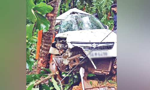 കാർ പ​റ​മ്പി​ലേ​ക്ക് ഇ​ടി​ച്ചു​ക​യ​റി രണ്ടു പേർക്ക് പരിക്ക്