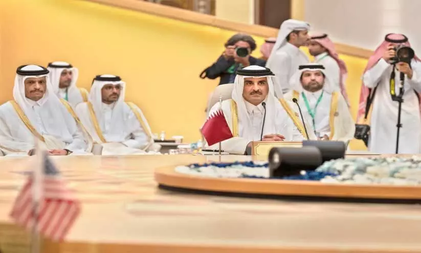 Emir Sheikh Tamim bin Hamad Al Thani speaks at the Jeddah Security-Development Summit