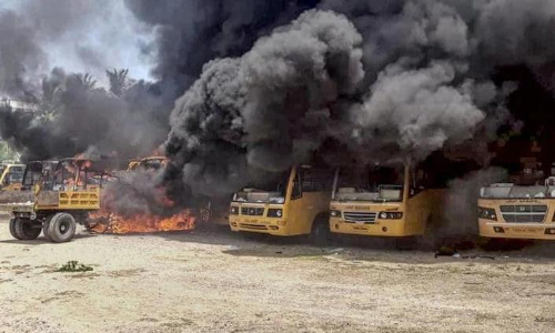 Schoolbuses set on fire by protesters