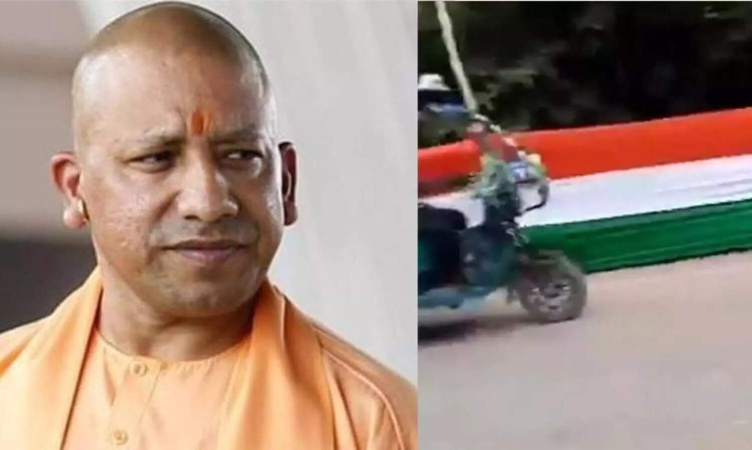 Before Yogis visit, the dirt road was covered with a tricolor flag