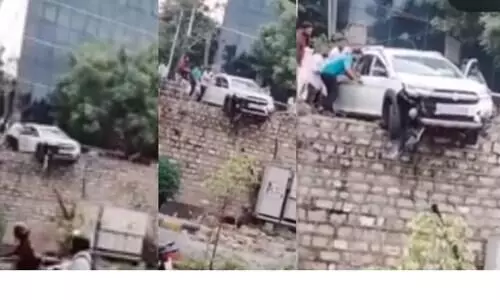 Watch: Woman has lucky escape after car brakes fail in Hyderabad
