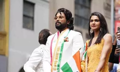 Pushapa Actor Allu Arjun and Wife Sneha Attends lead India Day Parade in New York Pushapa Actor Allu Arjun and Wife Sneha Attends lead India Day Parade in New York