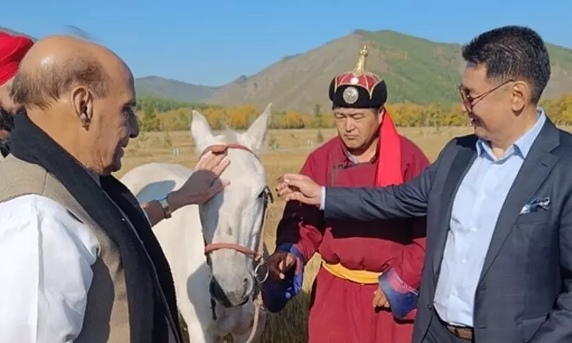 രാജ്നാഥ് സിങ്ങിന് വെള്ളക്കുതിരയെ സമ്മാനിച്ച് മംഗോളിയൻ പ്രസിഡന്റ് രാജ്നാഥ് സിങ്ങിന് വെള്ളക്കുതിരയെ സമ്മാനിച്ച് മംഗോളിയൻ പ്രസിഡന്റ്