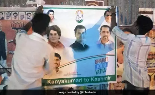 ഭാ​ര​ത്​ ജോ​ഡോ യാത്രക്ക്​ വാദ്രയുടെ പടം വെച്ച്​ പോസ്റ്റർ; പരിഹാസവുമായി ബി.ജെ.പി