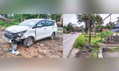 നി​യ​ന്ത്ര​ണം​വി​ട്ട കാ​ർ വൈ​ദ്യു​തി പോ​സ്റ്റ് ത​ക​ർ​ത്തു