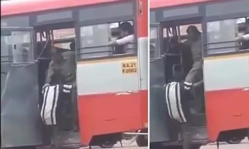 hocking footage of bus conductor kicking passenger down