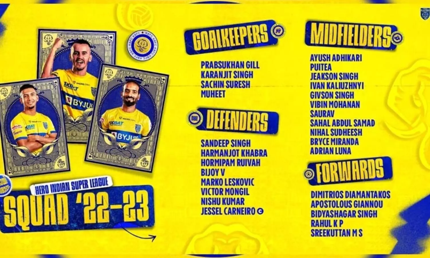 കേരള ബ്ലാസ്‌റ്റേഴ്‌സ് ടീമിനെ പ്രഖ്യാപിച്ചു; ജെസെല്‍ കര്‍ണെയ്‌റോ നയിക്കും; 28 അംഗ ടീമില്‍ ഏഴു മലയാളികൾ