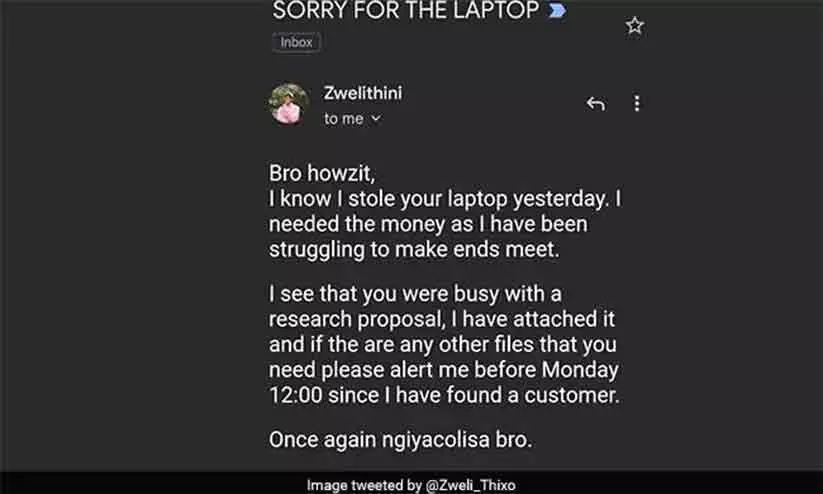 Thief Sends Email To Apologise For Stealing Mans Laptop