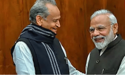 PM Modi and Ashok Gehlot share stage during the event on the Mangarh massacre