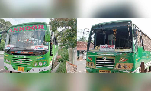 സമയത്തെ ചൊല്ലി തർക്കം: സ്വകാര്യ ബസുകൾ ഇടിപ്പിച്ചു