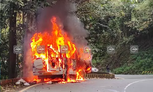 വയനാട് ചുരത്തിൽ ട്രാവലറിന് തീപിടിച്ചു; അപകടം ആറാം വളവിനും ഏഴാം വളവിനും ഇടയിൽ