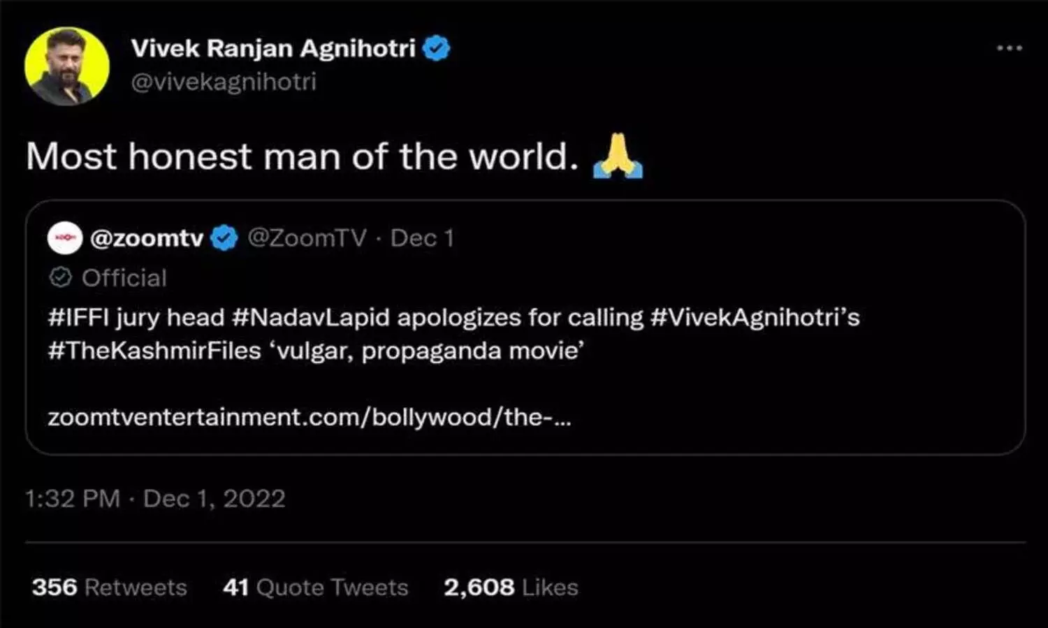 ദി കശ്മീർ ഫയൽസ് ബ്രില്യന്റ് സിനിമ എന്ന് ഇസ്രായേൽ സംവിധായകൻ പറഞ്ഞോ?