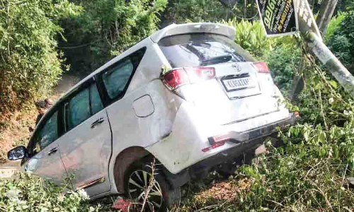 പൂ​ച്ച​യെ ര​ക്ഷി​ക്കാ​നാ​യി വെ​ട്ടി​ച്ച ഇന്നോവ താഴ്ചയിലേക്ക് മറിഞ്ഞു