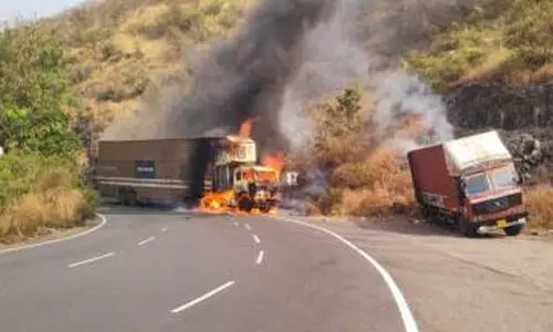 ആറ് എസ്.യു.വികളുമായി എത്തിയ കണ്ടെയ്‌നറിൽ ട്രക്ക് ഇടിച്ച് അപകടം; ഇരുവാഹനങ്ങൾക്കും തീപിടിച്ചു