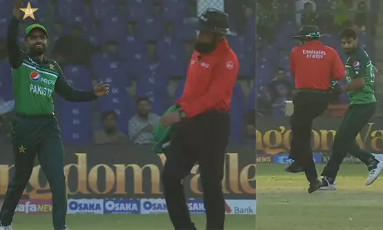 പാകിസ്താൻ ഫീൽഡറുടെ ‘ഏറ്’ കൊണ്ട് കലിപ്പിലായി അംപയർ; ചിരിയടക്കാനാകാതെ ബാബർ അസം -VIDEO