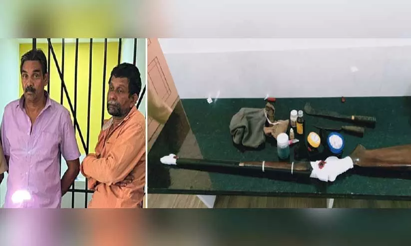 നാടന് തോക്കുമായി മൃഗവേട്ടക്കെത്തിയ രണ്ടുപേർ പിടിയിൽ നാടന് തോക്കുമായി മൃഗവേട്ടക്കെത്തിയ രണ്ടുപേർ പിടിയിൽ