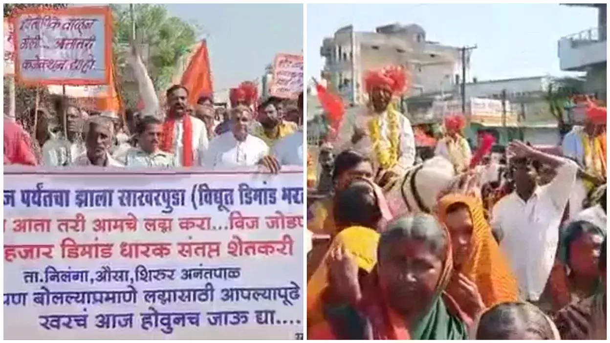 വൈദ്യുതിയില്ല; കുതിരപ്പുറത്ത് വിവാഹവസ്ത്രത്തിലെത്തി കർഷകരുടെ പ്രതിഷേധം