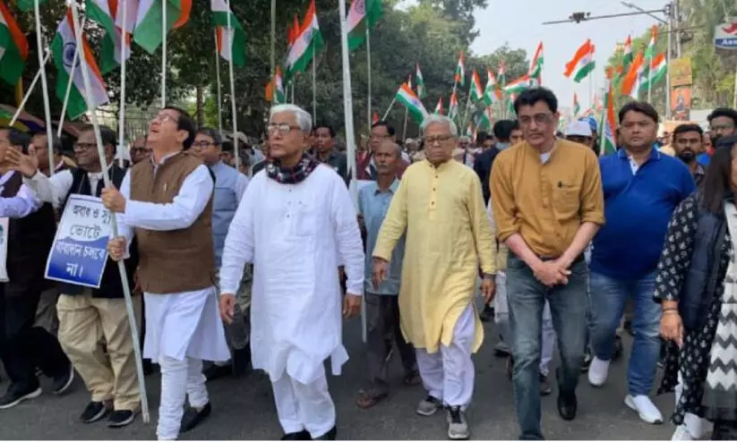 ത്രിപുരയിൽ പ്രചാരണത്തിന് തുടക്കമിട്ട് സി.പി.എം- കോൺഗ്രസ് റാലി ത്രിപുരയിൽ പ്രചാരണത്തിന് തുടക്കമിട്ട് സി.പി.എം- കോൺഗ്രസ് റാലി