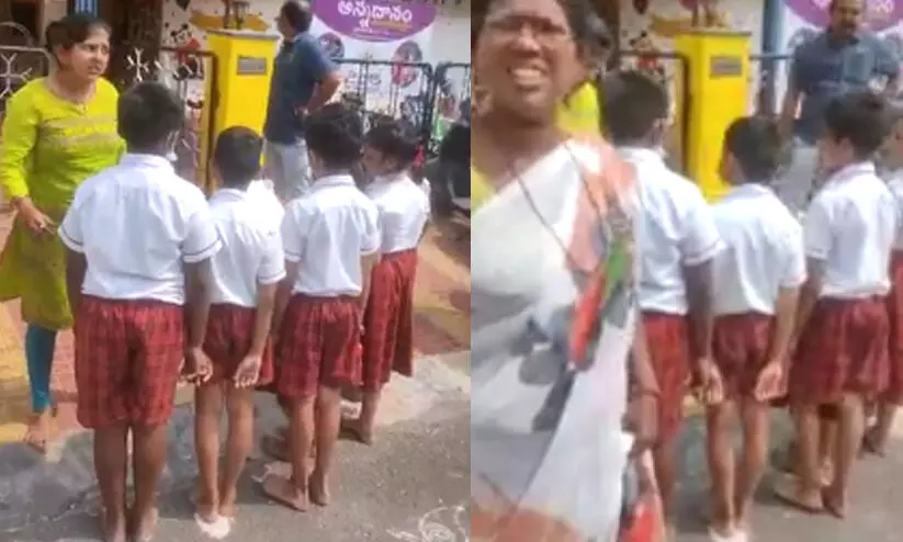 പൊരിവെയിലിൽ ചെരുപ്പിടാതെ വിദ്യാർഥികളെ റോഡിൽ നിർത്തി ശിക്ഷ; പ്രതിഷേധം പൊരിവെയിലിൽ ചെരുപ്പിടാതെ വിദ്യാർഥികളെ റോഡിൽ നിർത്തി ശിക്ഷ; പ്രതിഷേധം