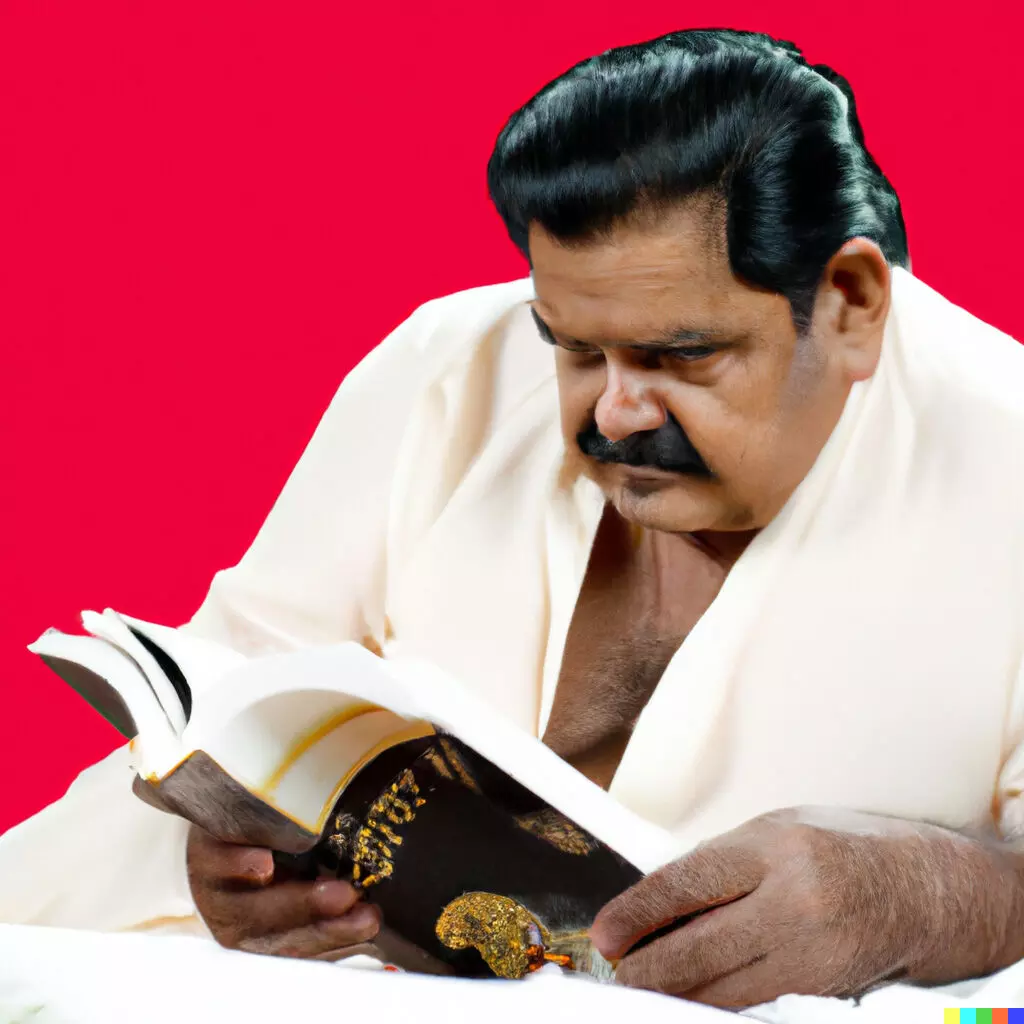 പുസ്തകം വായിക്കുന്ന മോഹൻലാൽ - ഒരു DALL-E ചിത്രം