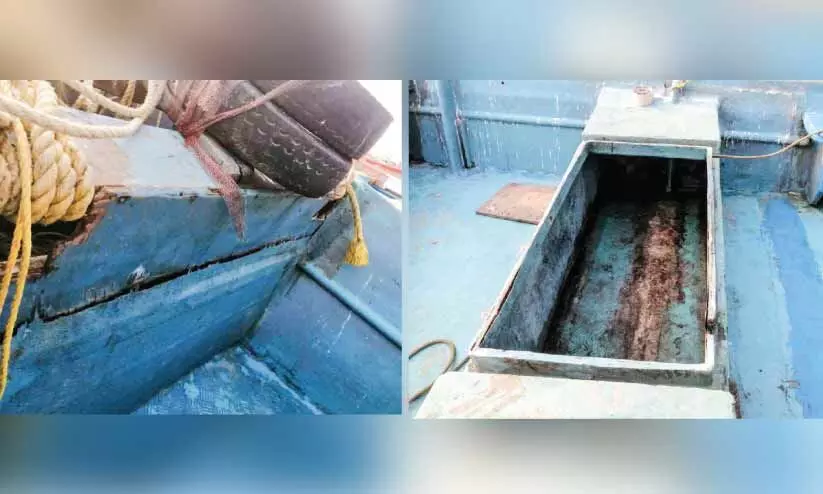 മത്സ്യബന്ധനത്തിനിടെ ഫൈബർ വള്ളവുമായി കൂട്ടിയിടിച്ച് തോണി തകർന്നു മത്സ്യബന്ധനത്തിനിടെ ഫൈബർ വള്ളവുമായി കൂട്ടിയിടിച്ച് തോണി തകർന്നു