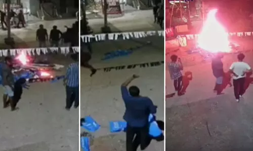 കെ.എസ്.യുവിന്‍റെ കൊടിതോരണങ്ങൾ കത്തിച്ച സംഭവം: ദൃശ്യങ്ങൾ പുറത്ത്