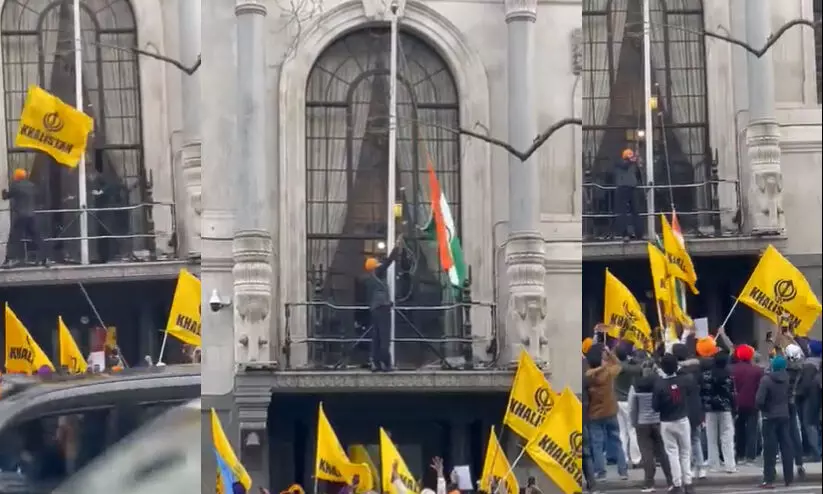 യു.കെ ഇന്ത്യൻ ഹൈകമീഷനിലെ ത്രിവർണ പതാക താഴ്ത്തി ഖലിസ്ഥാനി പ്രതിഷേധക്കാർ - വിഡിയോ