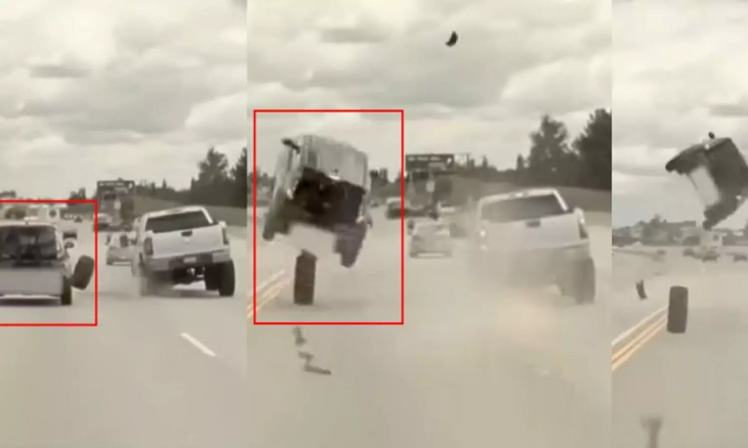 ട്രക്കിന്‍റെ ടയർ ഊരിത്തെറിച്ച് കാറിലേക്ക്, വായുവിൽ കറണംമറിഞ്ഞ് എസ്.യു.വി; ഞെട്ടിക്കുന്ന അപകടം- വിഡിയോ