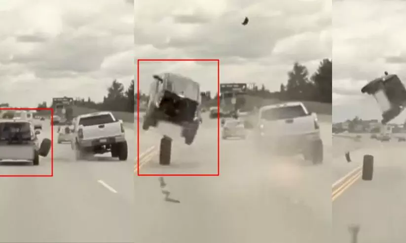 ട്രക്കിന്‍റെ ടയർ ഊരിത്തെറിച്ച് കാറിലേക്ക്, വായുവിൽ കറണംമറിഞ്ഞ് എസ്.യു.വി; ഞെട്ടിക്കുന്ന അപകടം- വിഡിയോ