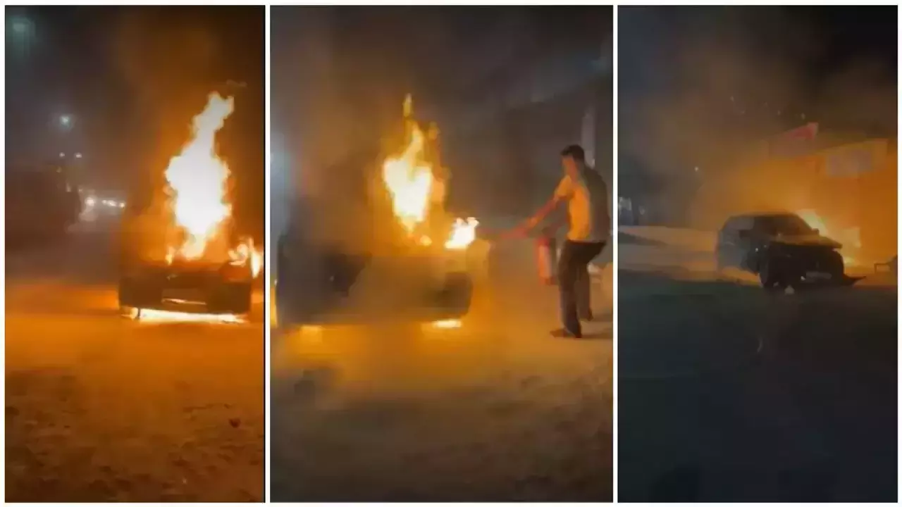 ഓടിക്കൊണ്ടിരുന്ന ബി.എം.ഡബ്ല്യു കാർ കത്തി; ഡ്യൂട്ടിയിലില്ലാത്ത ഫയർഫോഴ്സ് ജീവനക്കാരന്റെ ഇടപെടലിൽ വൻ അപകടം ഒഴിവായി