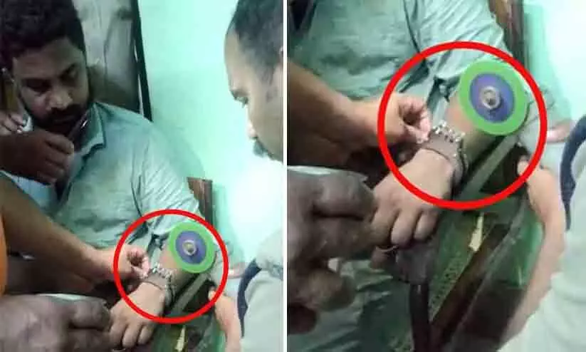 പ്രതിയുടെ കൈത്തണ്ടയിൽ വിലങ്ങു കുടുങ്ങി; ഫയർഫോഴ്സ് എത്തി മുറിച്ചു നീക്കി