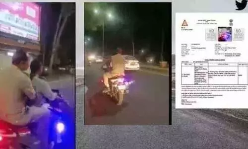 ഹെൽമെറ്റില്ലാതെ പൊലീസുകാരുടെ ബൈക്ക് യാത്ര, ദൃശ്യങ്ങൾ പകർത്തി പെൺകുട്ടികൾ- വിഡിയോ വൈറൽ