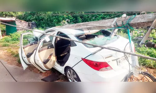 നിയന്ത്രണം വിട്ട കാർ വൈദ്യുതി തൂണിലിടിച്ചു; യാത്രക്കാർ രക്ഷപ്പെട്ടത് തലനാരിഴക്ക് നിയന്ത്രണം വിട്ട കാർ വൈദ്യുതി തൂണിലിടിച്ചു; യാത്രക്കാർ രക്ഷപ്പെട്ടത് തലനാരിഴക്ക്