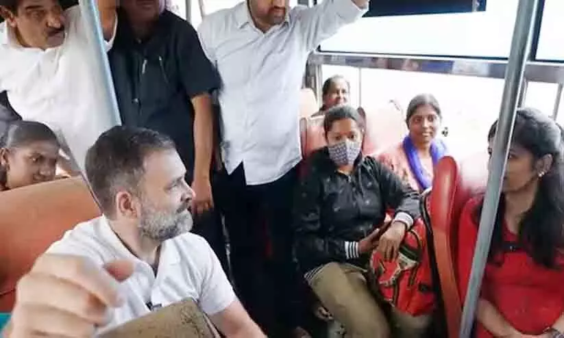 Rahul Gandhi takes bus ride in city interacts with students women travellers Rahul Gandhi takes bus ride in city interacts with students women travellers