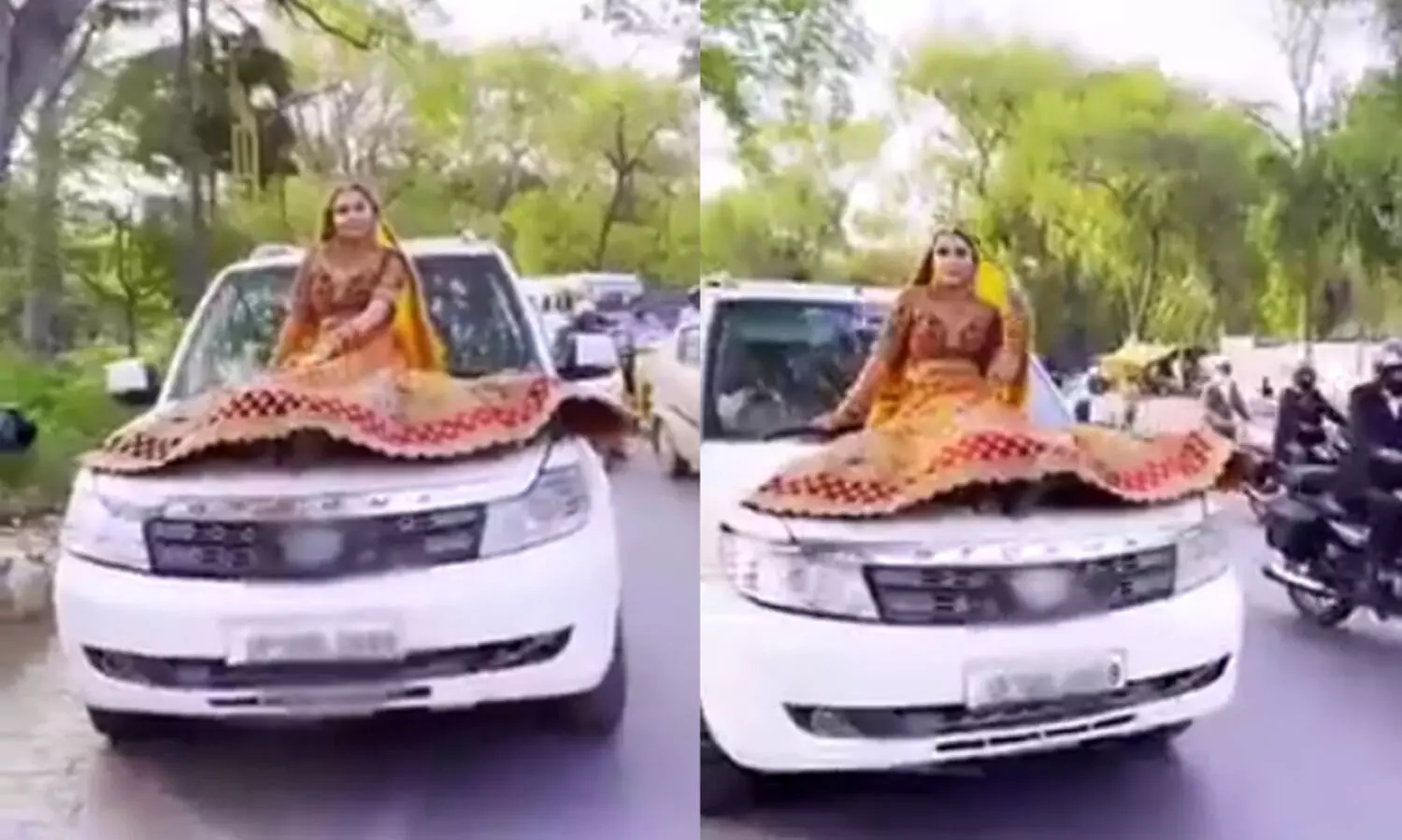 വിവാഹ വസ്ത്രം ധരിച്ച് ഓടുന്ന കാറിൽ റീൽ ചിത്രീകരണം; യുവതിക്ക് 16500 രൂപ പിഴയിട്ട് പൊലീസ്