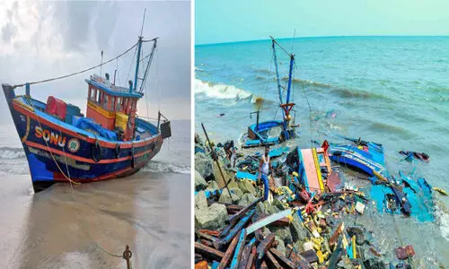 മത്സ്യബന്ധന ബോട്ട് കരയിലേക്ക് ഇടിച്ചു കയറി തകർന്നു; തൊഴിലാളികൾ രക്ഷപ്പെട്ടു