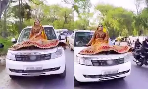 വിവാഹ വസ്ത്രം ധരിച്ച് ഓടുന്ന കാറിൽ റീൽ ചിത്രീകരണം; യുവതിക്ക് 16500 രൂപ പിഴയിട്ട് പൊലീസ്