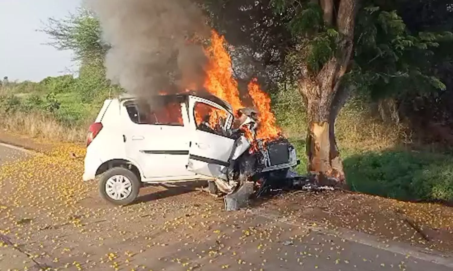 കാർ മരത്തിലിടിച്ച് തീപിടിച്ചു; നവദമ്പതികൾ ഉൾപ്പടെ നാല് പേർക്ക് ദാരുണാന്ത്യം