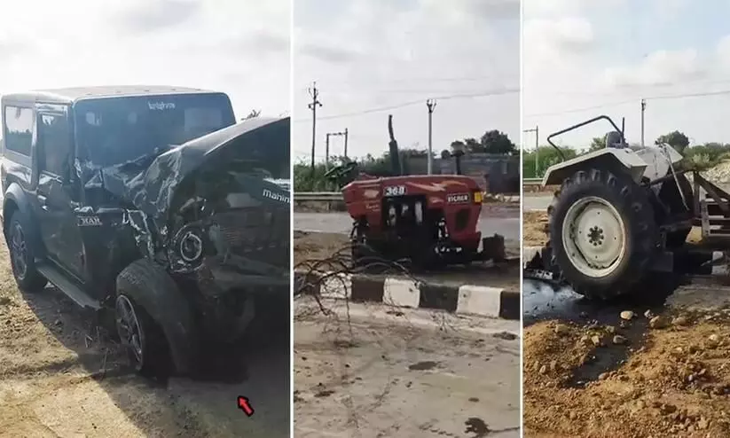 റോങ് സൈഡിൽവന്ന ട്രാക്ടറിനെ ഇടിച്ച് രണ്ട് കഷണമാക്കി ഥാർ; ഞെട്ടിക്കുന്ന അപകടം ഗുജറാത്തിൽ