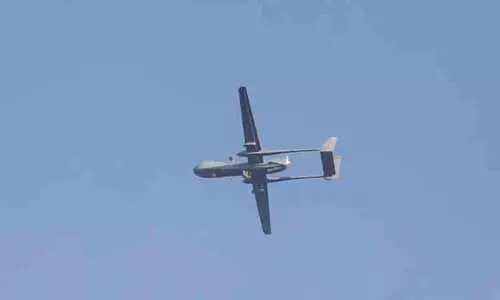 An unmanned aerial vehicle (UAV) operated by the Israeli military flies over the southern city of Ashdod