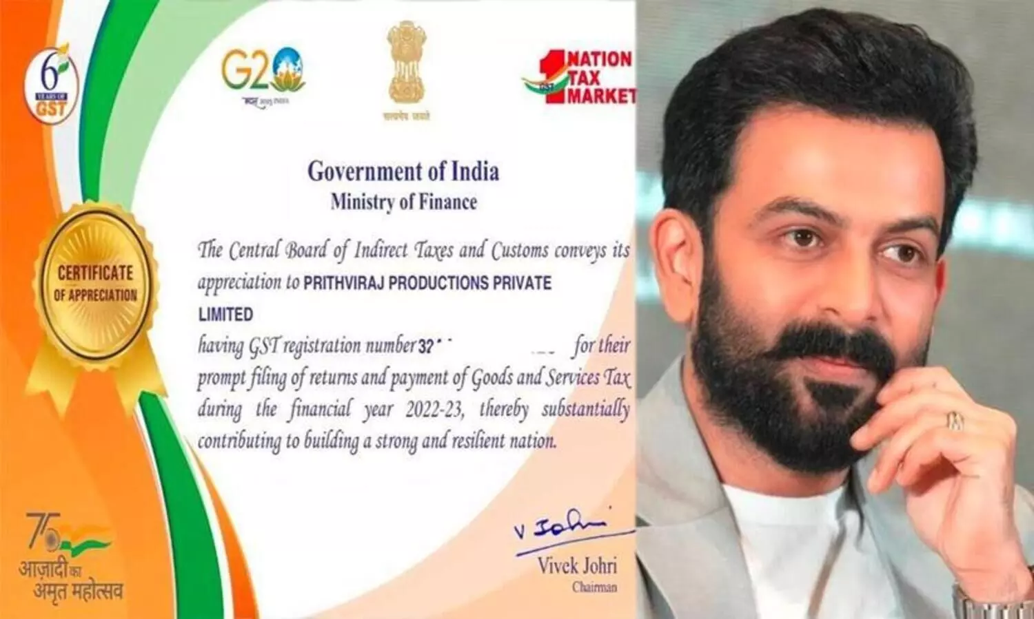 Central Goverment Issue  Tax returns ertificate to prithviraj-productions