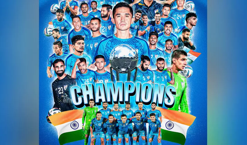 സാഫ് കപ്പ് ഇന്ത്യക്ക്; സഡൻ ഡെത്തിൽ കുവൈത്തിനെ വീഴ്ത്തി ഒമ്പതാം കിരീടം സാഫ് കപ്പ് ഇന്ത്യക്ക്; സഡൻ ഡെത്തിൽ കുവൈത്തിനെ വീഴ്ത്തി ഒമ്പതാം കിരീടം